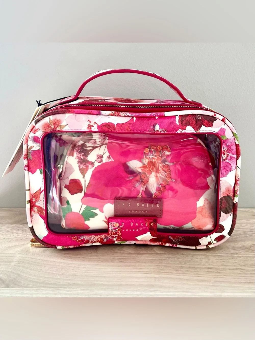 Ted Baker London Pink Floral 3-Piece Travel Cosmetic Bag Set NWT - Picture 1 of 4